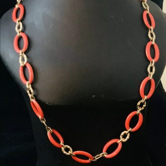 Long orange enamel link chain necklace - Picture 2 of 8